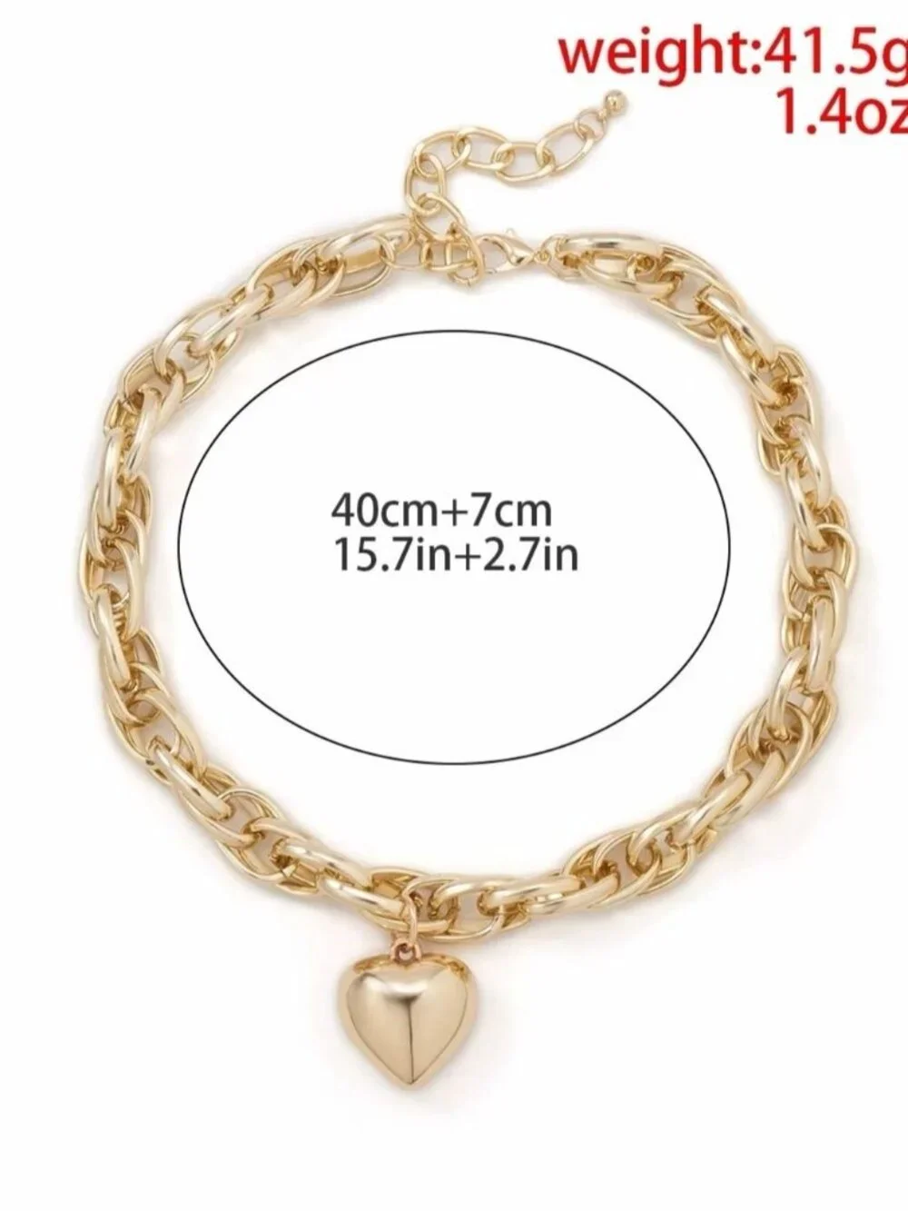 Shiny Gold tone Chunky Chain Necklace with Heart Pendant